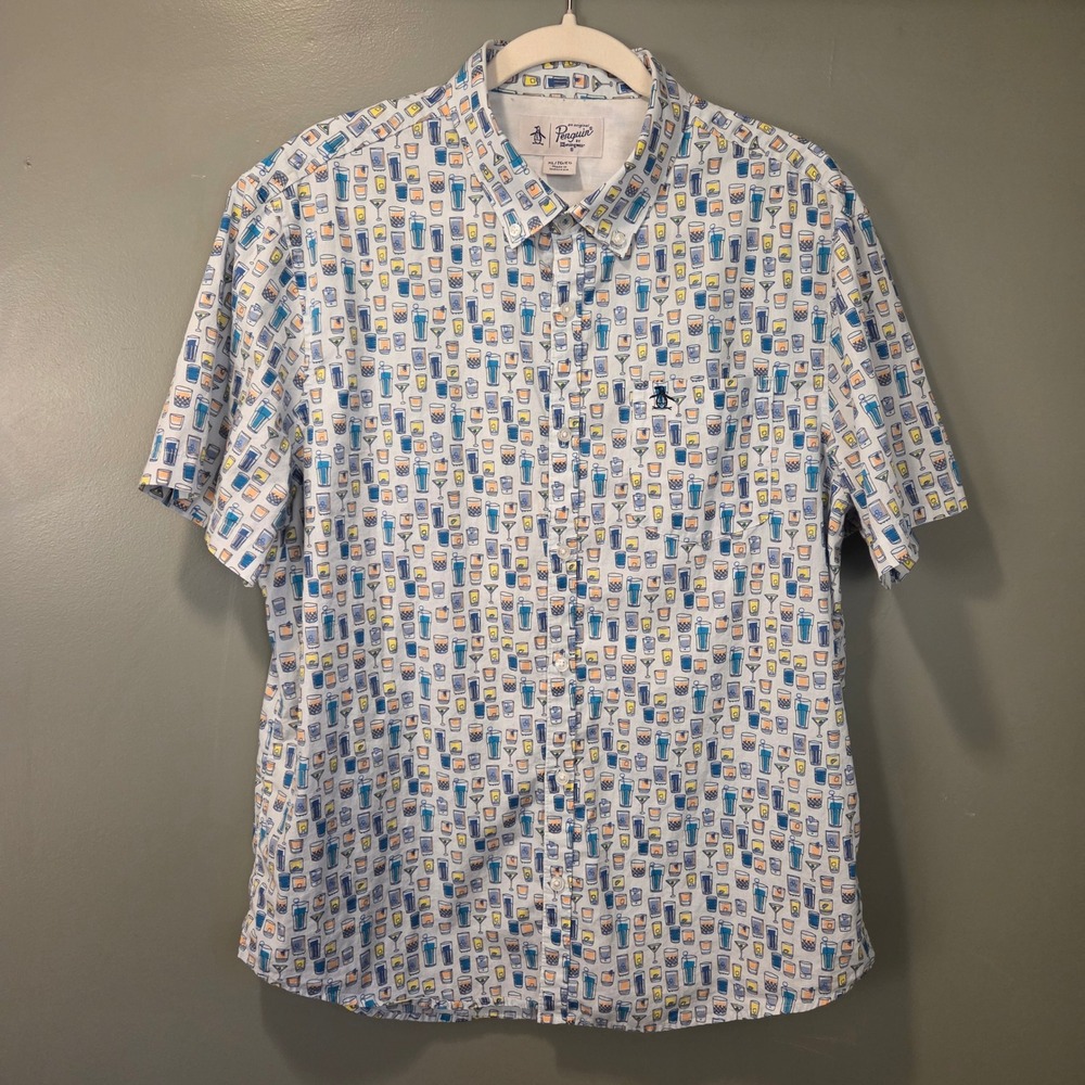 Penguin Men's Cocktails Drink Print Short Sleeve Button Up Shirt Size XL